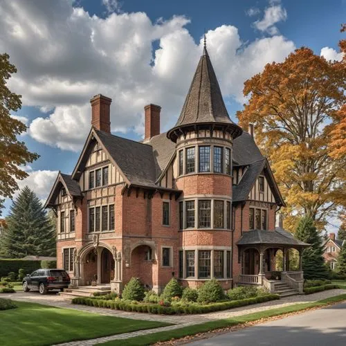 a large brown house with chimneys in the middle of the front,victorian house,henry g marquand house,old victorian,victorian,country estate,two story house,Photography,General,Realistic