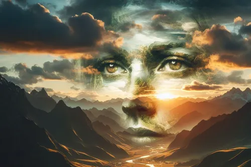 world digital painting,photo manipulation,el salvador dali,self hypnosis,the eyes of god,digital art,image manipulation,photoshop manipulation,photomanipulation,dali,the spirit of the mountains,fantasy portrait,digital artwork,surrealism,consciousness,awakening,yogananda,mystical portrait of a girl,transcendence,digital creation