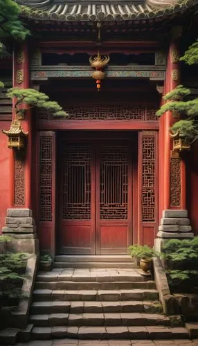 Traditional Chinese architecture, vernacularism style, ancient temple, intricately carved wooden doors, vibrant red walls, golden dragon ornaments, upturned eaves, glazed roof tiles, majestic stone li