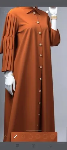 3d fashion drawing for Muslim hijab with pelisse on the sleeves and pleated sleeves with dark orange like brown
With one layer with bottoms on the barcelt of the sleeves ,an image of a person wearing 