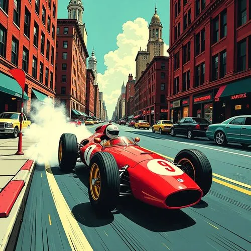 racecar racing on a road between the skyscrapers of New York, 1950s comic style, the word "Vrooooom..." written in the smoke,a racing car is going down a street,rindt,grandprix,indycars,parnelli,racin