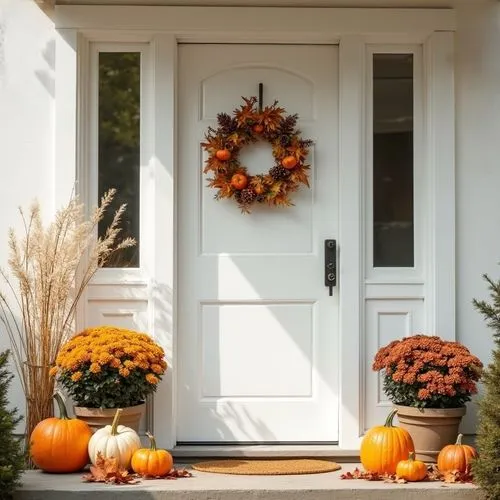 Autumn decoration at the front door,door wreath,seasonal autumn decoration,autumn decor,decorative pumpkins,modern őszi dekoráció,nonom style