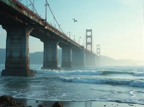 Coastal bridge, seaside, morning mist, blue-green ocean water, waves crashing against pillars, salty air, seagulls flying overhead, rugged stone foundation, steel beams, suspension cables, modern arch