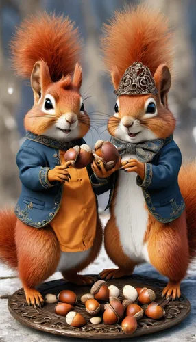 Craft a humorous dialogue between two squirrels gathering acorns for the winter.,conker,squirrels,banjo player,squirell,acorns,banjo uke,chinese tree chipmunks,musical rodent,banjo,bongos,cavaquinho,s