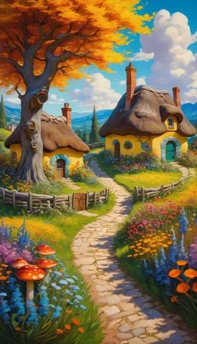 home landscape,autumn landscape,fall landscape,mushroom landscape,rural landscape,cottage,summer cottage,country cottage,pathway,landscape background,fantasy landscape,farm landscape,aurora village,autumn idyll,cottages,hobbiton,autumn background,cottage garden,fairy village,fantasy picture,Art,Artistic Painting,Artistic Painting 03