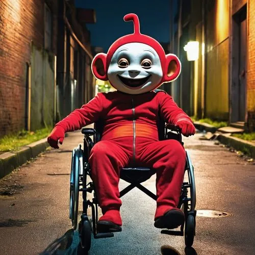 a member of Teletubbies sitting alone in a wheelchair with a creepy mysterious absurd hard smiling full of teeth mouth, scary expression, rusted, damaged costume, a street alley with a cinematic style