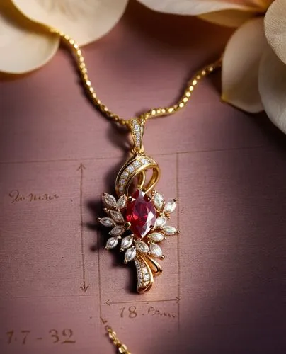 A pendant with ruby pear and round and marques diamonds, high resolution, ultra details, high quality,8k,an ornate necklace sits on a table with flowers,narcissus pink charm,mouawad,mikimoto,necklace 