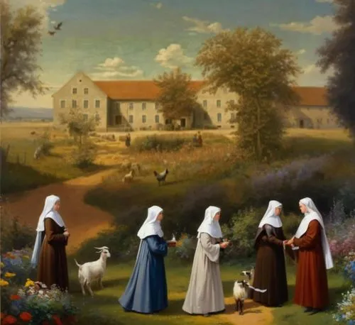 nuns,church painting,agricultural scene,convent,pastoral,pilgrims