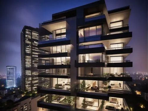 Modern apartment complex, futuristic design, sleek architecture, urban skyscraper, metallic materials, glass windows, minimalist balconies, vibrant city lights, busy streets, night scene, atmospheric 