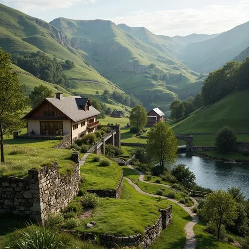 Rolling hills, lush green meadows, serene lakeside, rustic stone walls, wooden bridges, winding pathways, regional cultural heritage, traditional architectural styles, pitched roofs, wooden shutters, 