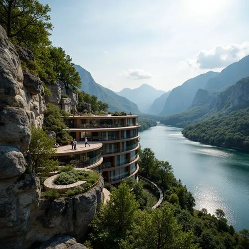 Sweeping mountain ranges, lush green forests, serene lakeshores, rugged rocky outcrops, winding hiking trails, wooden observation decks, cantilevered viewpoints, glass railings, modern minimalist arch