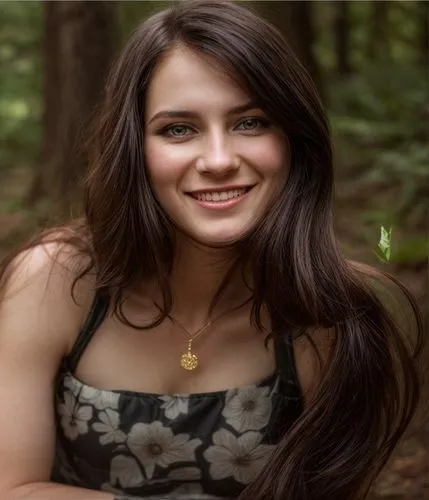 a portrait of a beautiful caucasian girl 26 years old black hair smiling in a stamping dress in a forest as background in 4k,portrait photography,beautiful young woman,portrait photographers,cosmetic 