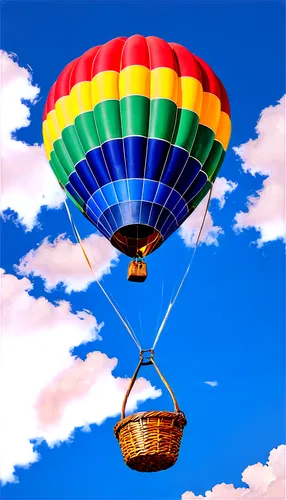 Hot air balloon, vibrant colors, rounded shape, wicker basket, burner flame, flying high, sunny day, clear blue sky, few white clouds, 3/4 composition, low-angle shot, warm lighting, soft focus, shall