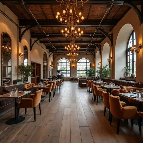 Regionalism style fitness club, luxurious interior, plaster material walls, rustic wooden flooring, vintage industrial machinery, metal beams, exposed brick ceiling, grand chandeliers, dramatic archwa