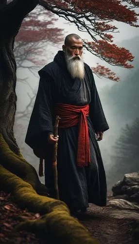 Shadow monk, mysterious, hood up, black robes, red sash, golden embroidery, intricate patterns, wispy white beard, aged eyes, staff in hand, misty mountainside, ancient trees, twisted roots, fog rolli