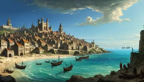 fantasy landscape,imperial shores,constantinople,fantasy city,ancient city,fantasy picture,fantasy world,medieval town,fantasy art,northrend,caravel,hamelin,water castle,sea landscape,world digital painting,new castle,heroic fantasy,harbor,castle of the corvin,kings landing,Art,Classical Oil Painting,Classical Oil Painting 08