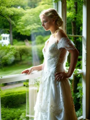 This picture shows a young blonde German bride in her light-colored wedding dress standing at a window. Her gaze is directed outside and she appears to be pensive. Bright colors. The surroundings outs