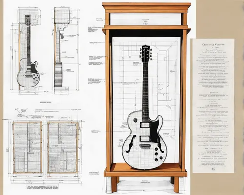 One of many custom touches, this display case for the owner's guitar is seated within one of the textured ledger stone columns.,guitar easel,longcase clock,acoustic-electric guitar,music stand,electri