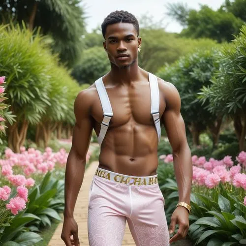 The scene is set in a lush garden, with vibrant flowers and herbs growing in the gentle breeze. A African chad Student top Model muscular adonis men with men perfect body and wearing white latex gloss