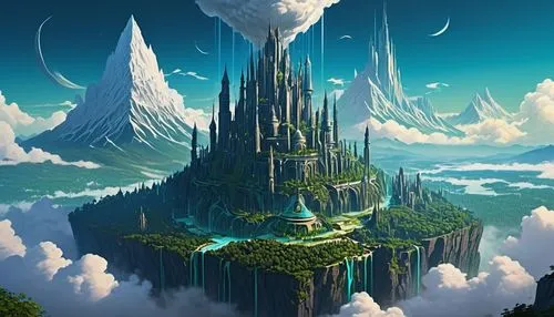 fantasy landscape,futuristic landscape,fantasy city,3d fantasy,citadel,ancient city,fantasy world,fantasy picture,fairy chimney,fractal environment,mushroom landscape,mountain settlement,knight's castle,fantasy art,skyscraper,mushroom island,mountain world,cloud mountain,floating island,skyscraper town,Conceptual Art,Oil color,Oil Color 13