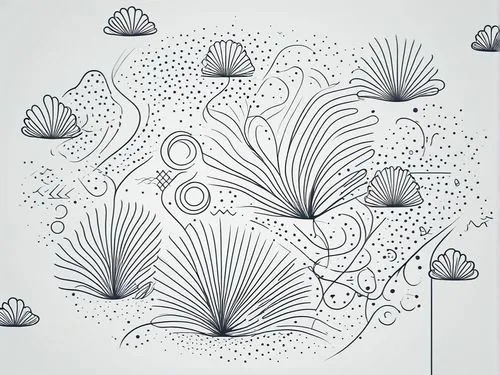 a drawing with some dots and lines in it,dendrites,flower line art,umbrella pattern,generative,flowers png,botanical line art,Illustration,Black and White,Black and White 04