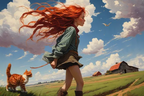 little girl in wind,red tabby,red cat,cat tail,asuka langley soryu,ritriver and the cat,transistor,studio ghibli,cheshire,red-haired,prairie,mow,wind,windy,redheads,world digital painting,ginger cat,fantasy picture,kites,dream world,Conceptual Art,Fantasy,Fantasy 15