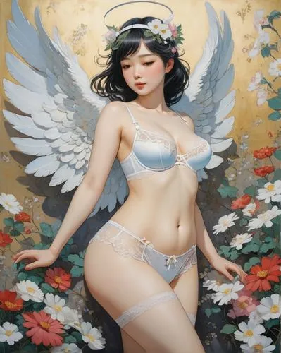 vintage angel,baroque angel,angel figure,hoshihananomia,angel,flower fairy,Illustration,Japanese style,Japanese Style 14