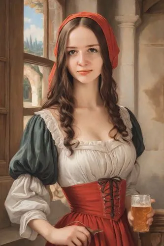 A tavern girl in a 16th century German red dress, the smile, the sexy look, with a window in the background, in the style of paintings by renaissance artists,barmaid,duchesse,brewmaster,bierbauer,beer