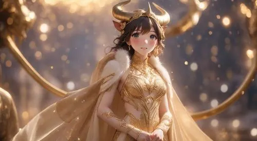 裸體寫真,a woman with horns, dress and fur in an animated po,fairy queen,gold deer,qilin,golden unicorn,frigga,diaochan,Photography,Natural