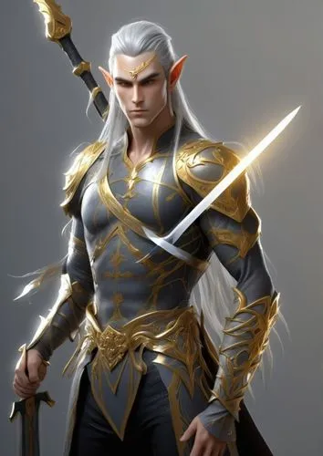 線上遊戲天堂男妖精，金灰色頭髮，揮劍,a character with white hair and silver skin,male elf,seregil,falstad,paladin,geralt,aegon