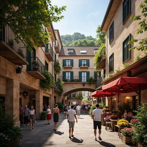 Romanesque market buildings, rustic stone walls, arched windows, ornate carvings, vibrant flower markets, bustling street life, lush green roofs, cascading vines, natural stone flooring, wooden beam c