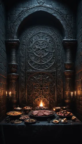 dark background, night, huge, room in a dark ominous castle, against the wall there is a huge ancient altar on which there are many meat dishes, dark walls with mysterious patterns,,dark cabinetry,hal