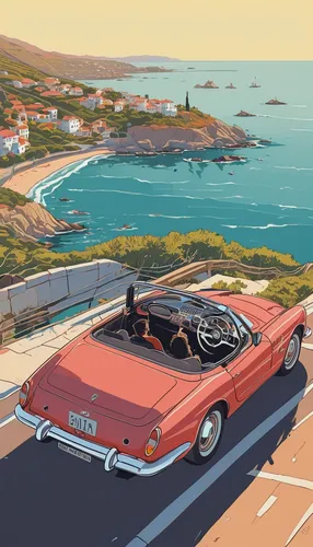 Write a romantic scene where two lovers drive in a convertible sports car along a scenic coastal road.,fiat 124 sport spider,ferrari daytona,alfa romeo spider,countach,testarossa,sunbeam tiger,coastal