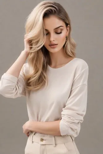 smooth hair,taupe,menswear for women,neutral color,marzia,lwd,cotton top,blouse,shoulder length,social,women's clothing,cashmere,karimova,grey background,filippa,yefimova,voluminous,female model,maxmara,white shirt