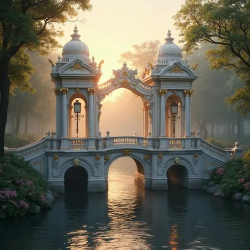 Grand, ornate bridge, Baroque style, elegant curves, intricate carvings, majestic arches, white marble, golden ornaments, lavish decorations, grandeur atmosphere, sunset lighting, warm colors, soft sh