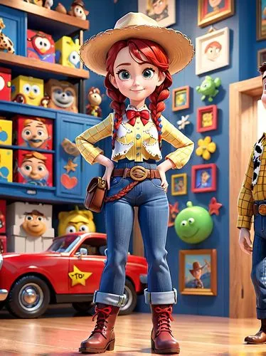 1girl, jessie from Toy Story, looking at viewer, big eyes, big smile, narrow hips, Pixar 3D animation, cowboy hat, red hair, braid, bow, belt, bootleg jeans, boots, masterpiece, 8k,toy story,toy's sto