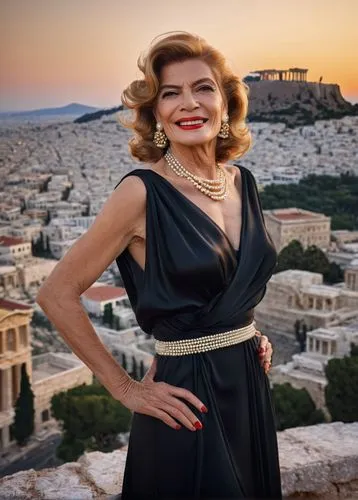 Melina Mercouri, Greek actress, mature lady, elegant smile, wavy brown hair, subtle makeup, pearl necklace, red lips, classic black evening gown, satin texture, floor-length, flowing train, standing c