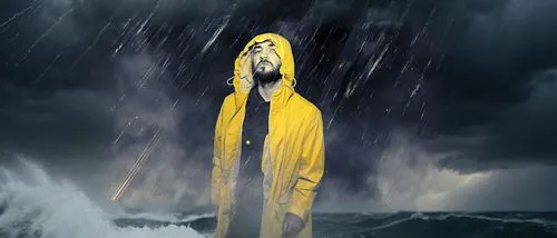 A Sea Fisherman wearing a Yellow RainCoat, Oceon Storm, FishingBoat, Thunder, 8K, Cinematic,,man in yellow raincoat surrounded by rain in ocean,hastula,hastur,sewol ferry,sewol ferry disaster,the man 