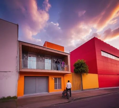 A minimalist-style house with bold, geometric patterns and a rustic wooden facade sits in the heart of a bustling city. The house features three unique hues of color - the light of a sunlit streetlamp