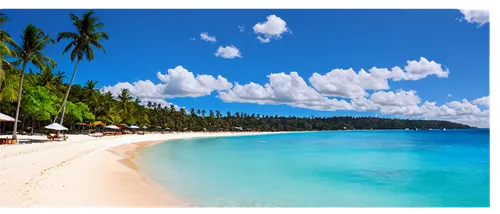 Beach scene, Boracay Philippines, tropical island, crystal clear turquoise water, powdery white sand, palm trees swaying gently, wooden beach chairs, colorful beach umbrellas, sailboats in distance, s