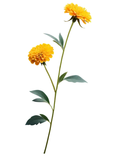 Marigold flower, bright yellow petals, dark center, delicate stem, green leaves, subtle shine, soft focus, warm lighting, 3/4 composition, shallow depth of field, vibrant color tone, cinematic texture