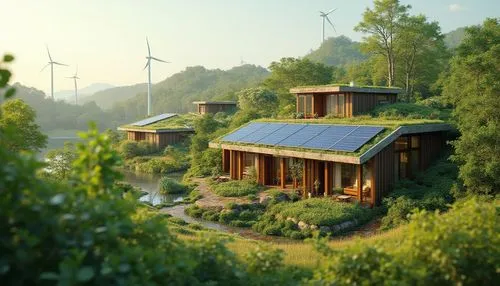 Eco-friendly buildings, green roofs, solar panels, wind turbines, water conservation systems, sustainable energy solutions, natural ventilation, recycled materials, minimalist design, organic shapes, 