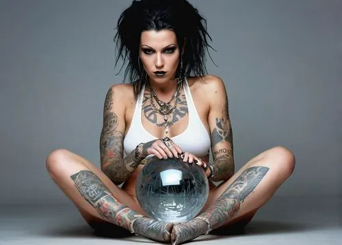 Transparent crystal ball, no reflections, woman Alissa Milano body inside, no backgroud, sitting down, mad max,manson jar,crystal ball-photography,tattoo girl,crystal ball,sand timer,photoshoot with w