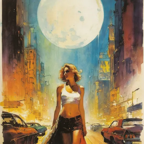 femme fatale,cityscape,valerian,retro woman,wonder woman city,lunar,sci fiction illustration,cyberpunk,fantasy woman,transistor,italian poster,vintage art,retro women,metropolis,blonde woman,rosa ' amber cover,venus,wonderwoman,the blonde in the river,callisto,Illustration,Paper based,Paper Based 12