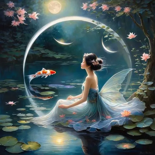 faerie,fantasy picture,fairie,faery,water nymph,fairies aloft,fairy,dreamscapes,fairy lanterns,water lotus,mermaid background,constellation swan,fairy world,lotus blossom,ulysses butterfly,fairy peacock,flower fairy,little girl fairy,dreamtime,fairy queen,Illustration,Realistic Fantasy,Realistic Fantasy 16