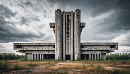 Russian Brutalist architecture, monumental concrete structure, geometric shapes, brutal pillars, raw concrete texture, urban landscape, cloudy grey sky, dramatic shadows, low-angle shot, cinematic com