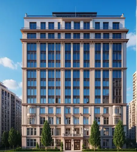 двадцати этажное жилое здание в классическом стиле,a large, modern, building with many windows is in the city,hoboken condos for sale,stalin skyscraper,kempinski,mgimo,appartment building,samaritaine,