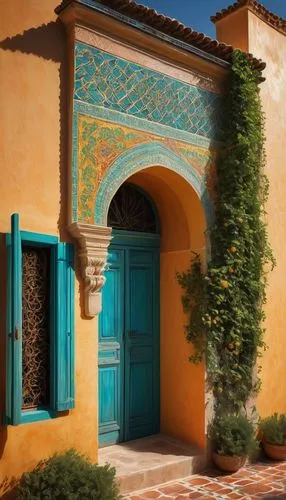 Mediterranean-style villa, exterior wall, decorative architectural tiles, turquoise, yellow, orange, geometric patterns, ornate borders, ceramic material, glossy texture, detailed cracks, rustic stone