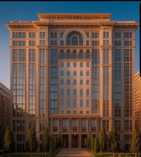 a tall, beige building surrounded by trees,benaroya,kempinski,alchemax,stalin skyscraper,intercontinental,borgata,Photography,General,Natural