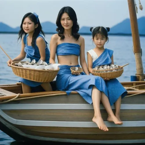 A Japanese mother and daughters wearing loincloths printed with Japanese style blue waves, sitting on a fishing boat, holding two baskets of oysters.,two women wearing dresses that look like they are 